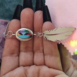 Navajo Feather with Turquoise Stones and Sterling Silver Pendant!